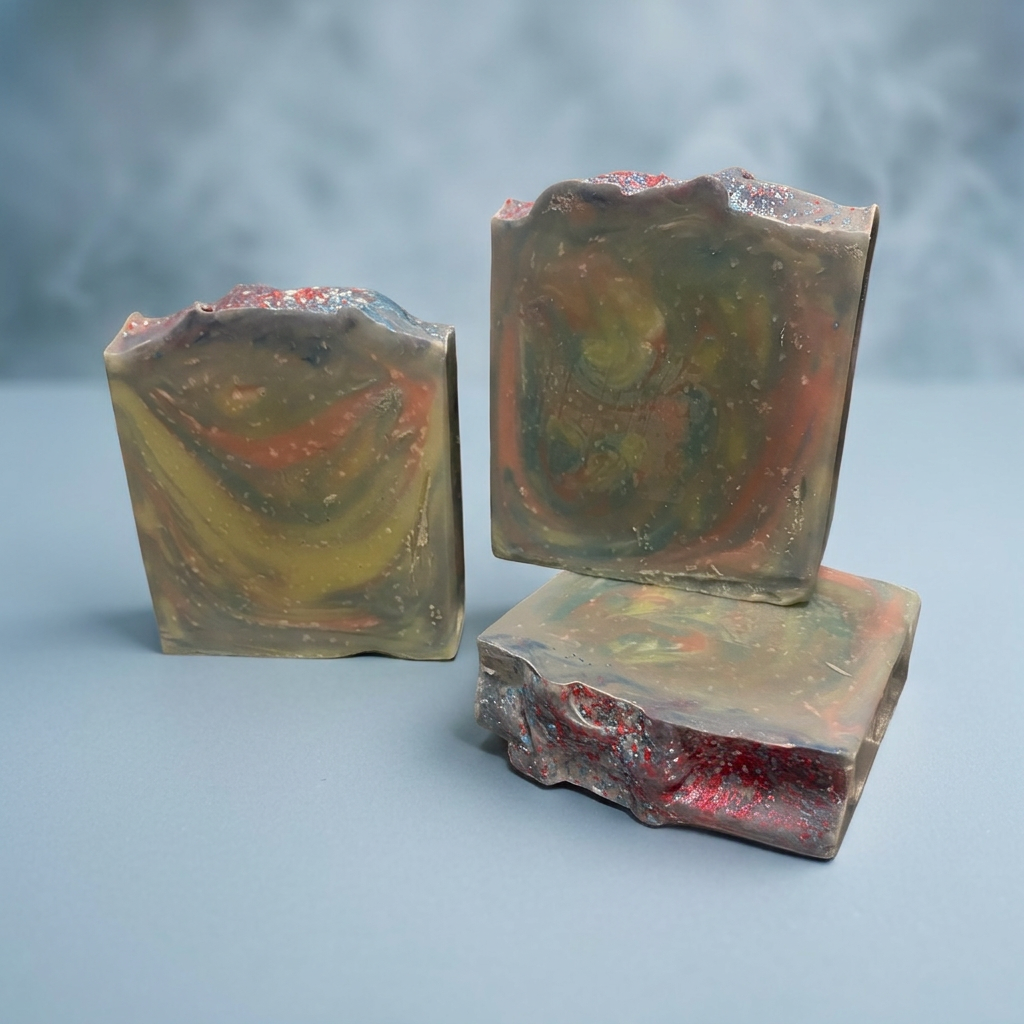 Three Mystic Breeze soap bars in a cool, misty blue-gray setting